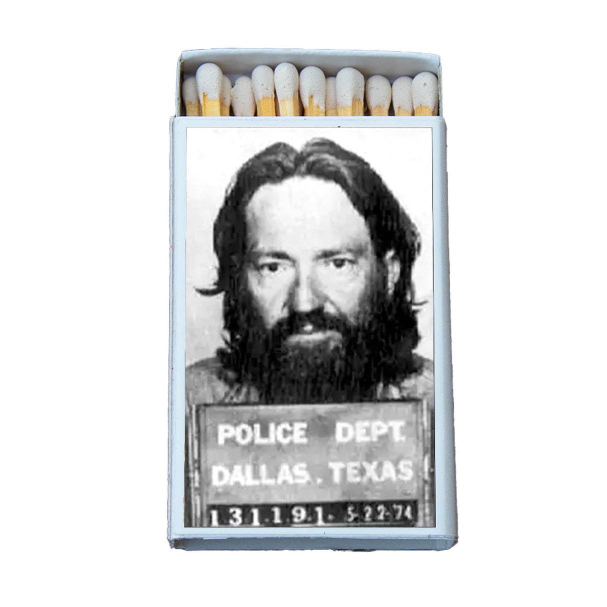 Novelty matchbox with vintage mugshot design on the front