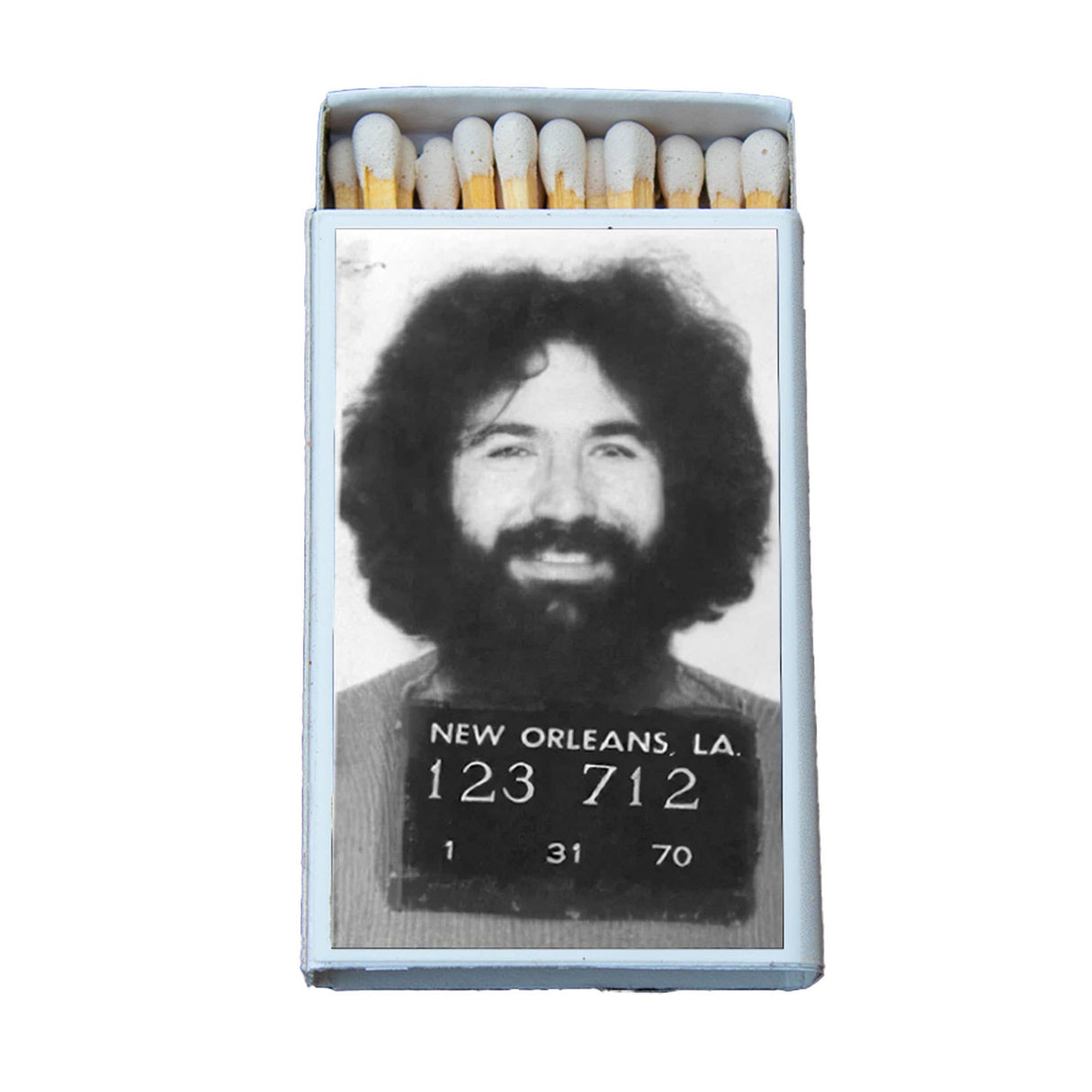 Open matchbox featuring a vintage mugshot photograph on the cover
