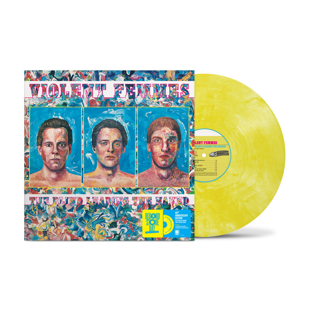 Vinyl record with colorful cover featuring three portraits and a yellow disc.