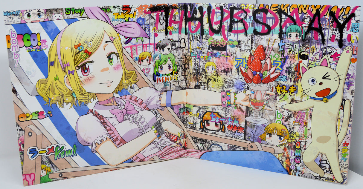 Colorful anime-style product packaging with a character and various elements.