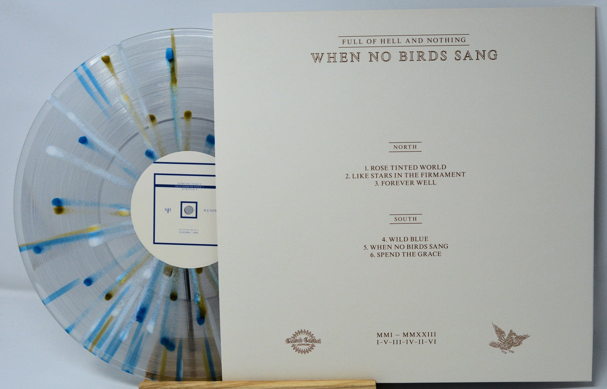 When No Birds Sang limited edition clear vinyl LP with blue and gold splatter, tracklist visible