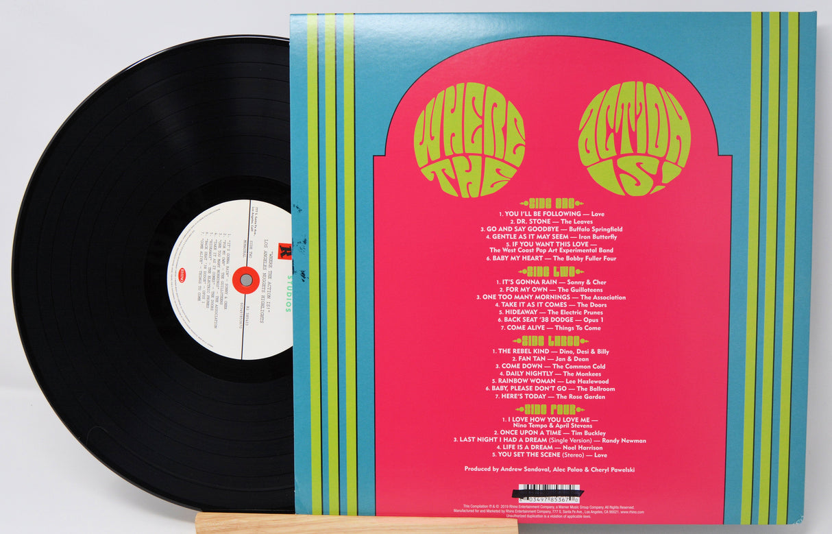 Back cover and vinyl record for 'Where the Action Is! Los Angeles Nuggets', featuring tracklist and psychedelic design