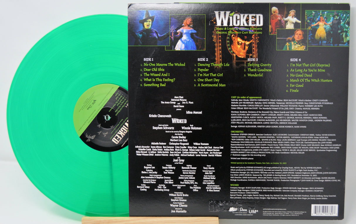 Back cover and green vinyl of Wicked Broadway Original Cast Recording LP, showcasing tracklist and production credits