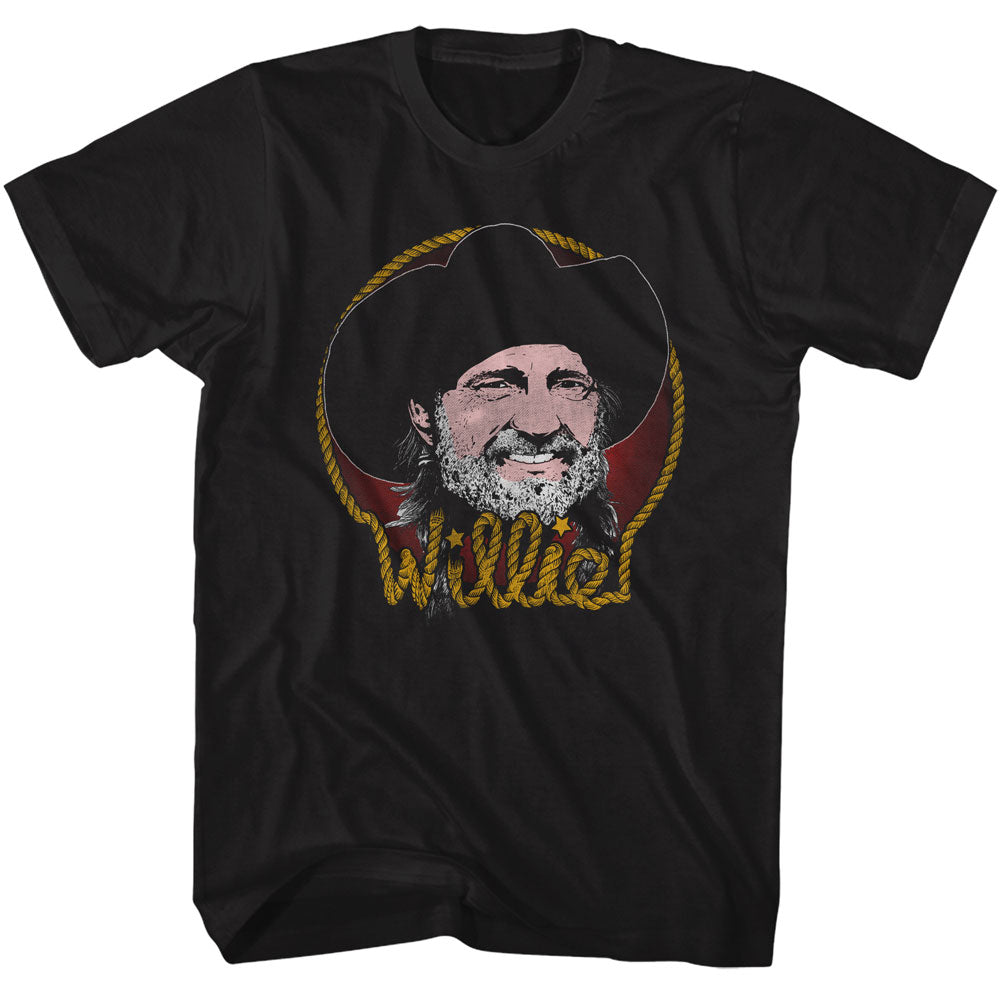 Black t-shirt featuring a graphic of a bearded man in a cowboy hat with the word 'Willie' in rope lettering
