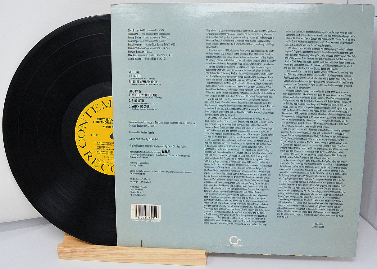 Back cover of Chet Baker & The Lighthouse All-Stars Witch Doctor vinyl LP showing album details and tracklist