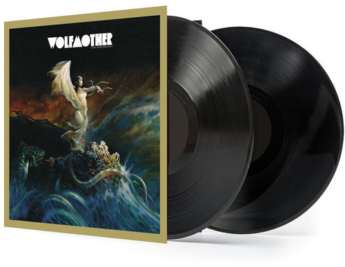 Vinyl records with a colorful album cover featuring a person and nature elements, branded 'Wolfmother'.
