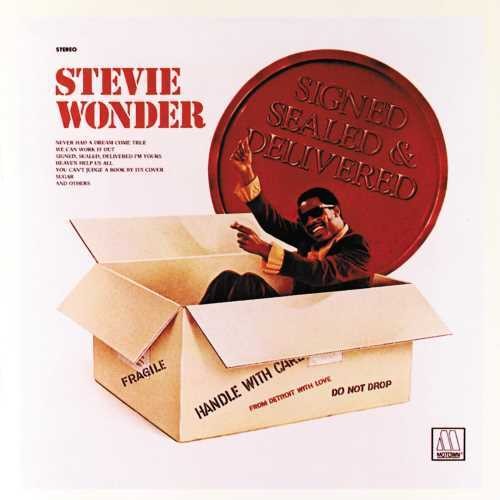 The image shows the cover of a vinyl record titled 'Signed, Sealed And Delivered' by Stevie Wonder. The cover features a picture of Stevie Wonder and has the text 'Signed, Sealed & Delivered' in bold letters.