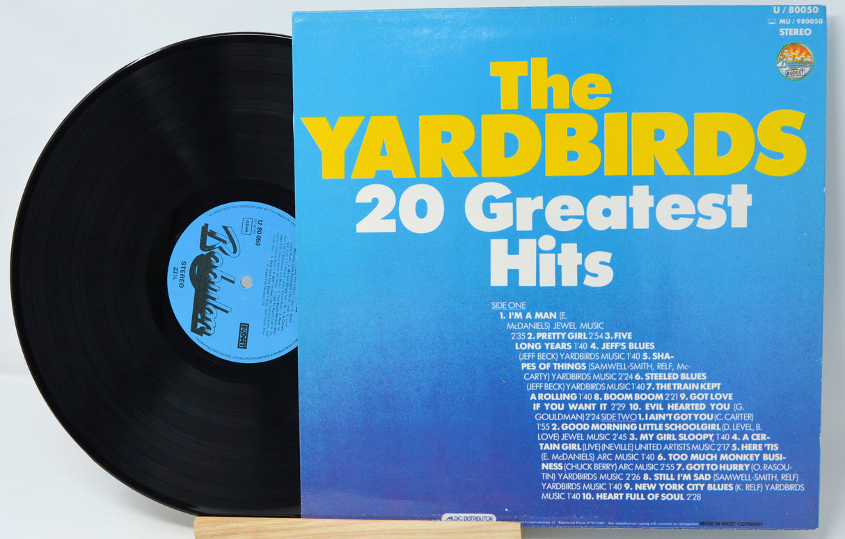 Vinyl record and cover titled 'The Yardbirds 20 Greatest Hits' on a white background