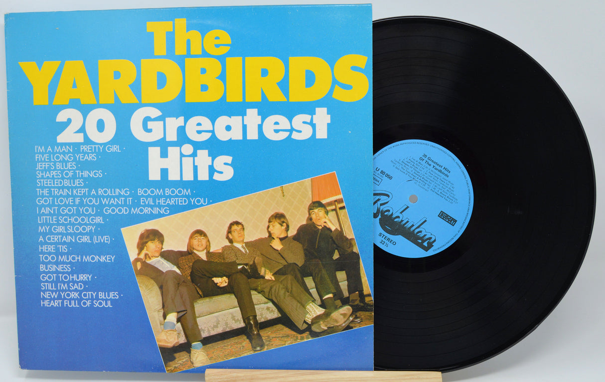 Vinyl record and cover titled 'The Yardbirds 20 Greatest Hits' on a light gray background