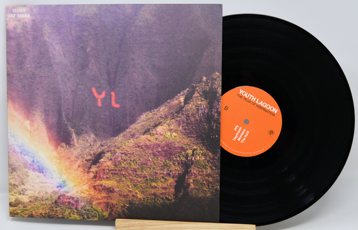 A vinyl record and its album cover for Youth Lagoon's 'The Path of Destruction' are displayed on a small wooden stand against a light gray background.