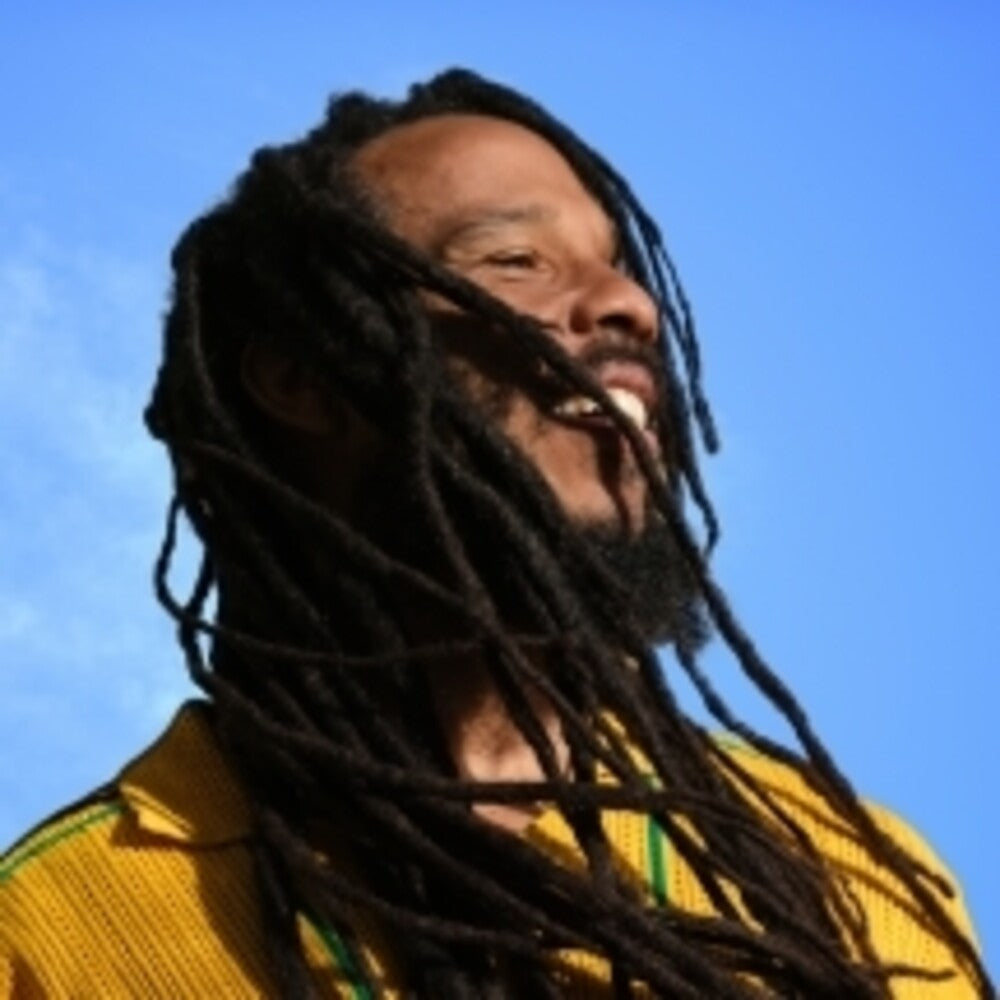 Vinyl record cover with Ziggy Marley wearing a yellow shirt against a blue sky