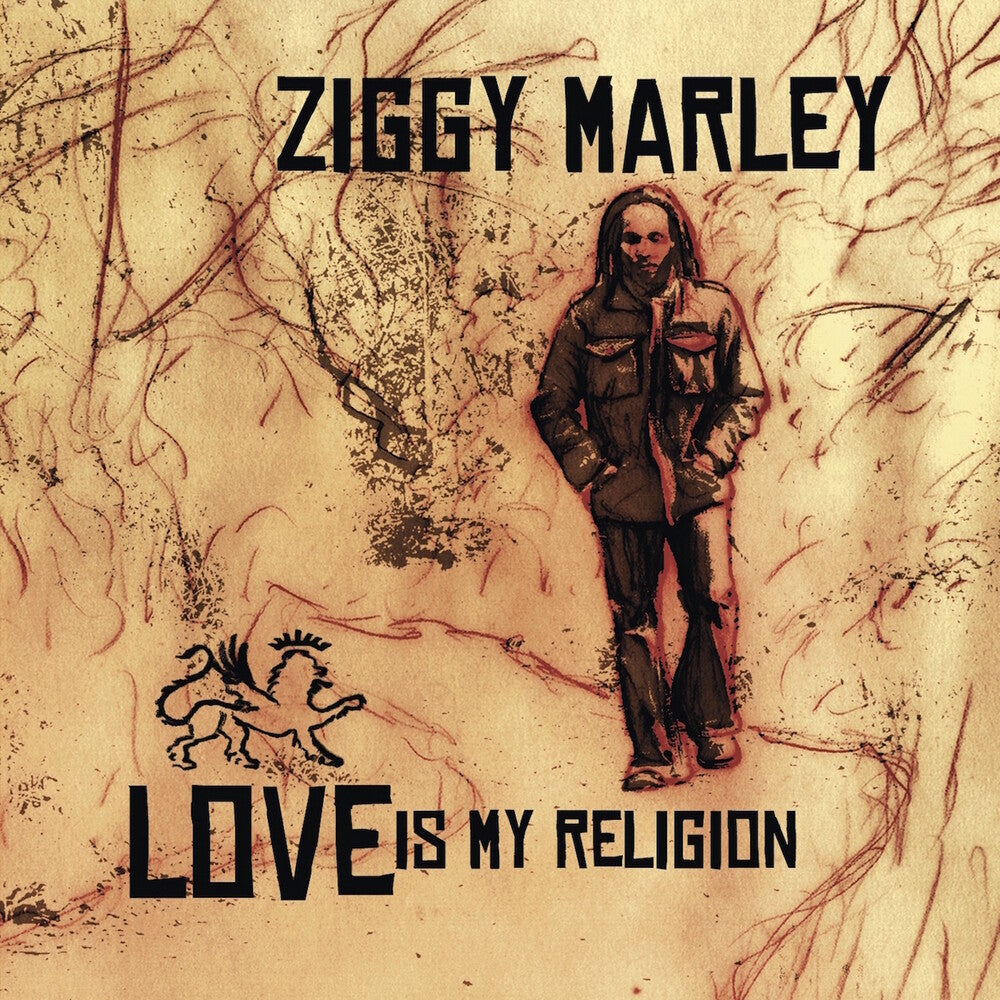Album cover with Ziggy Marley and text 'Love is My Religion' on a textured background