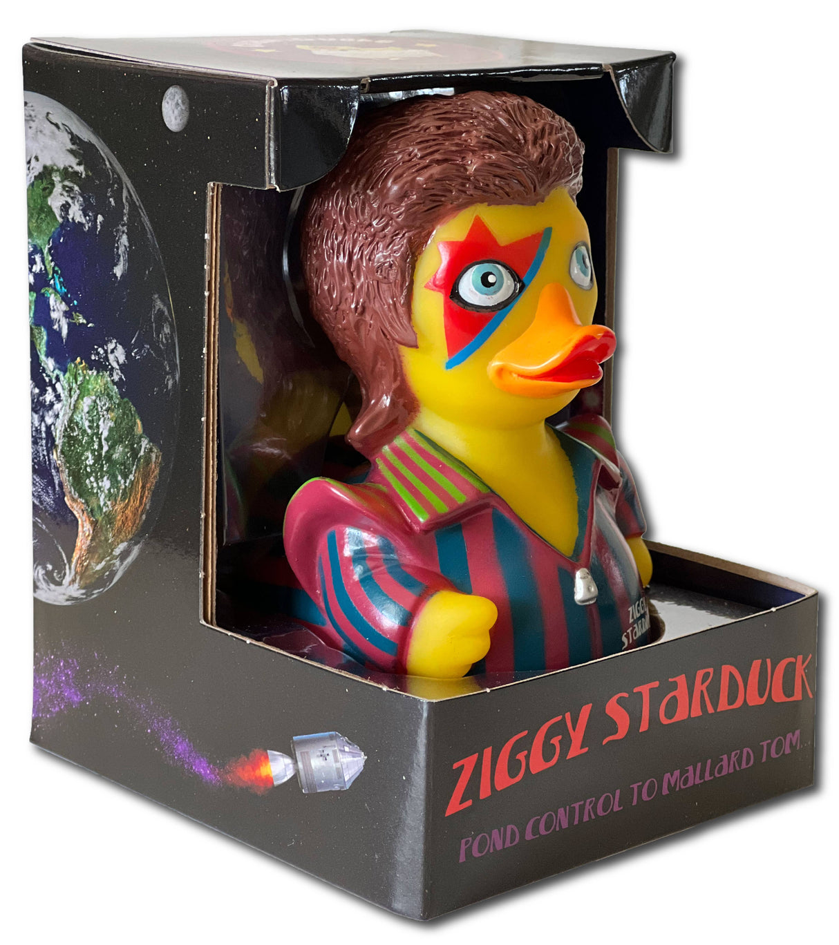 Front view of Ziggy Starduck rubber duck, showing bold stripes and facial makeup