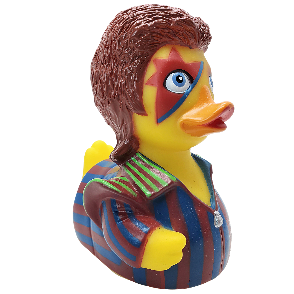Angle view of Ziggy Starduck rubber duck with striped jacket and star face paint