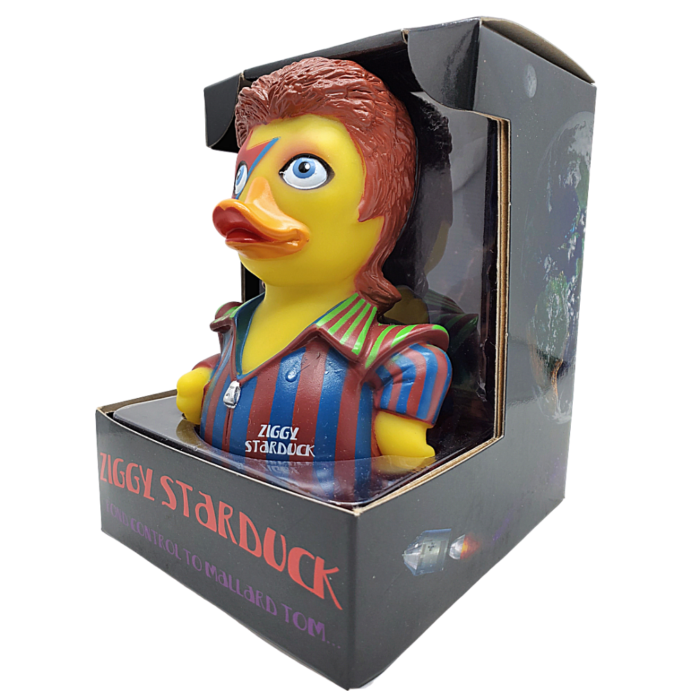 Ziggy Starduck rubber duck in themed collector's box with retro glam styling