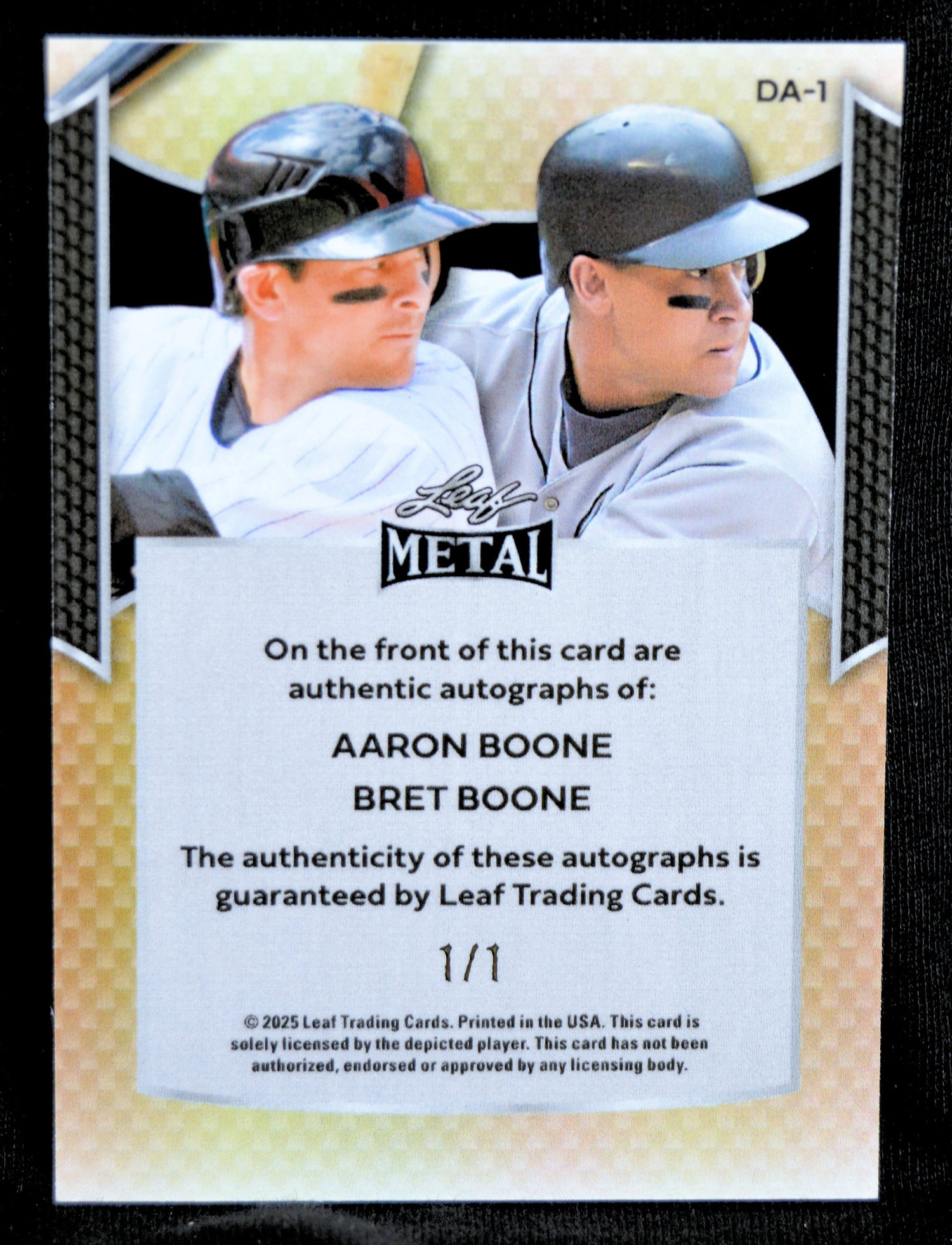 Baseball trading card featuring Aaron Boone and Bret Boone with Leaf Metal branding.