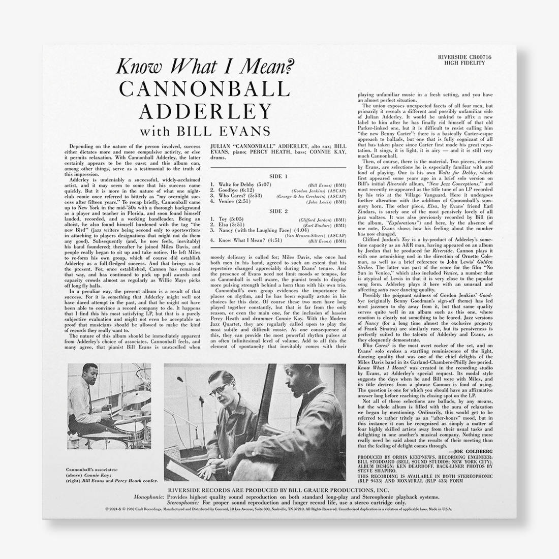 New vinyl record of Adderley, Cannonball / Evans - Know What I Mean? with album cover featuring a black and white image of a man holding a saxophone, against a white background with text and logo details.