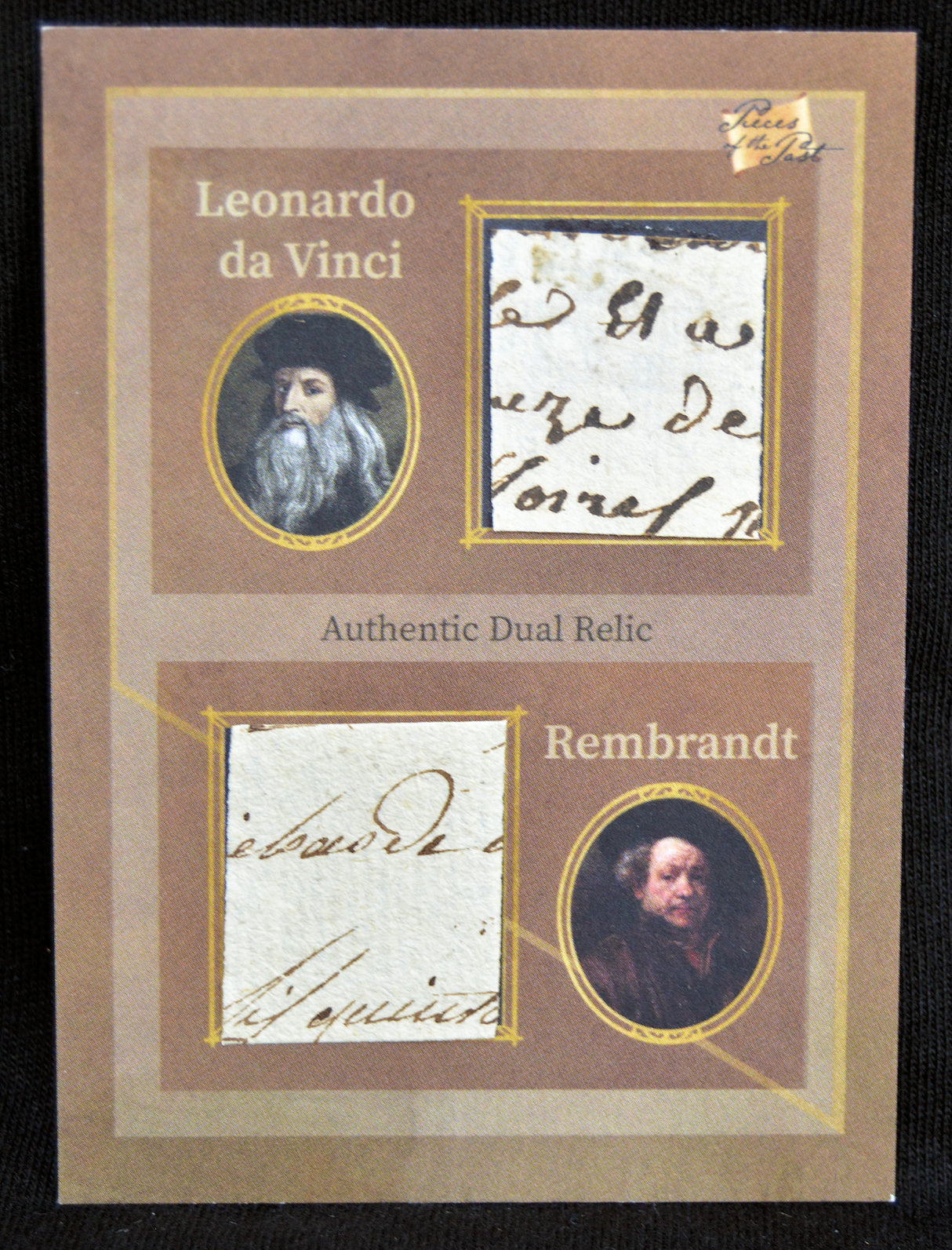 Card featuring portraits of Leonardo da Vinci and Rembrandt with text 'Leonardo da Vinci' and 'Rembrandt' on a brown background.