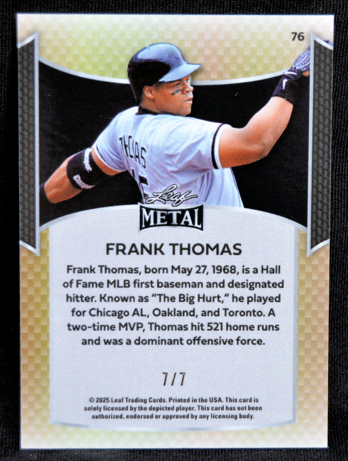 Baseball trading card of Frank Thomas with player information and branding details.