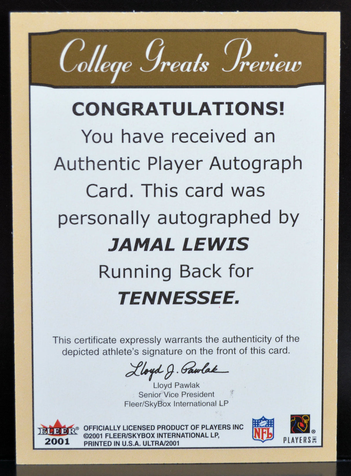 Lewis, Jamal - 2001 Fleer Ultra Autograph RC