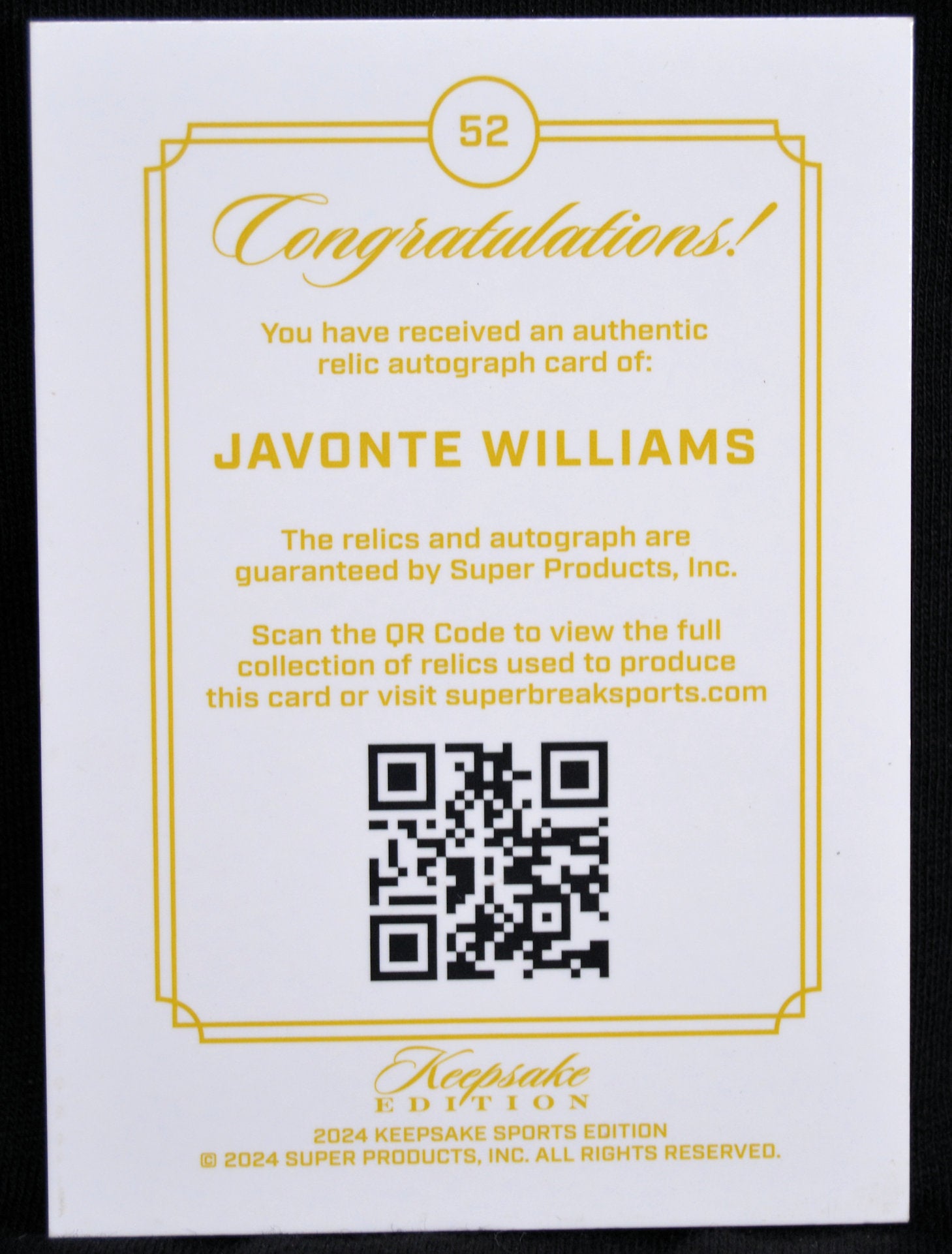 Card with 'Congratulations' message for Javonte Williams, featuring a QR code and branding details.
