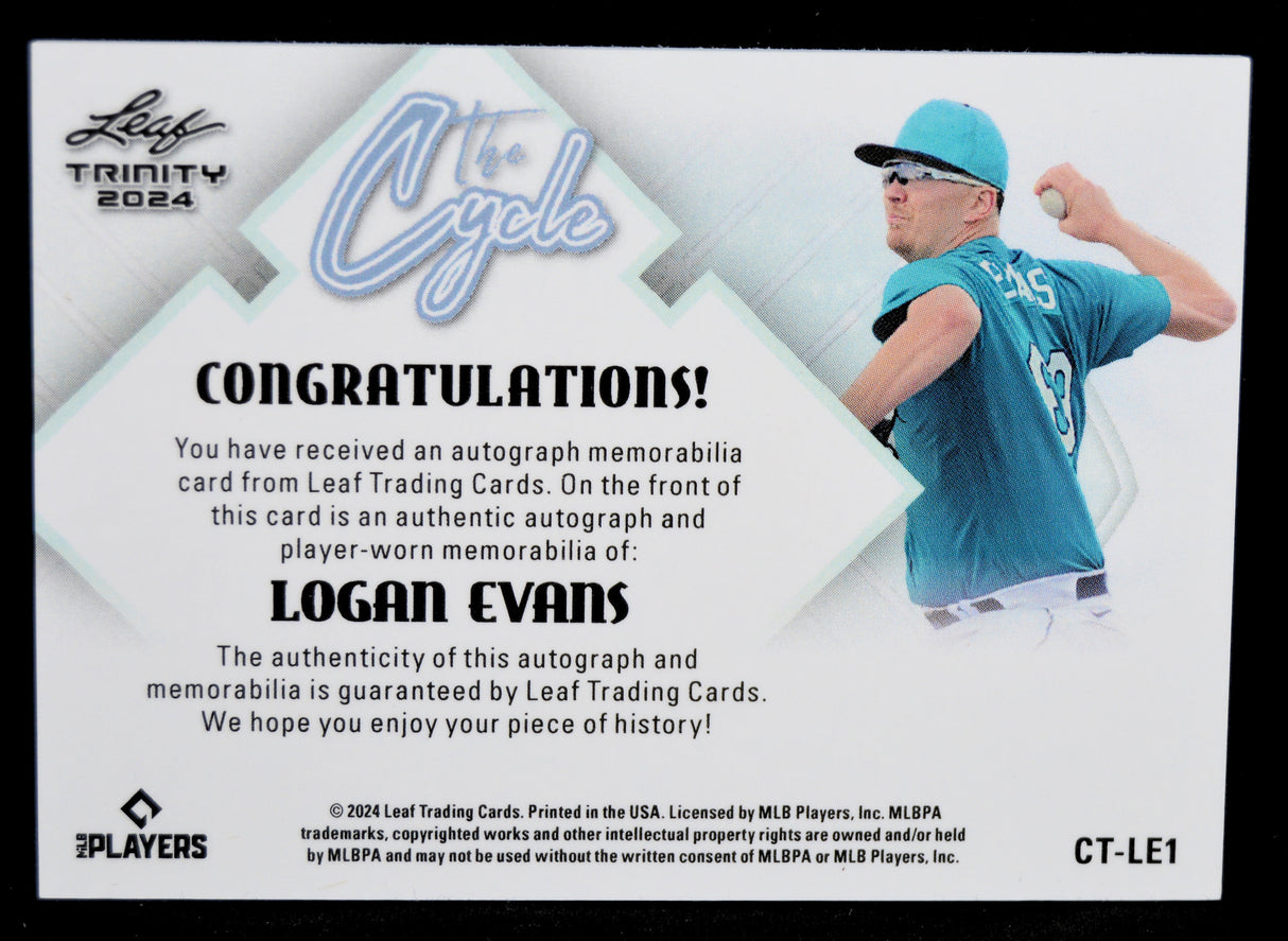 Baseball trading card featuring Logan Evans with a congratulatory message and Leaf Trading Cards branding.