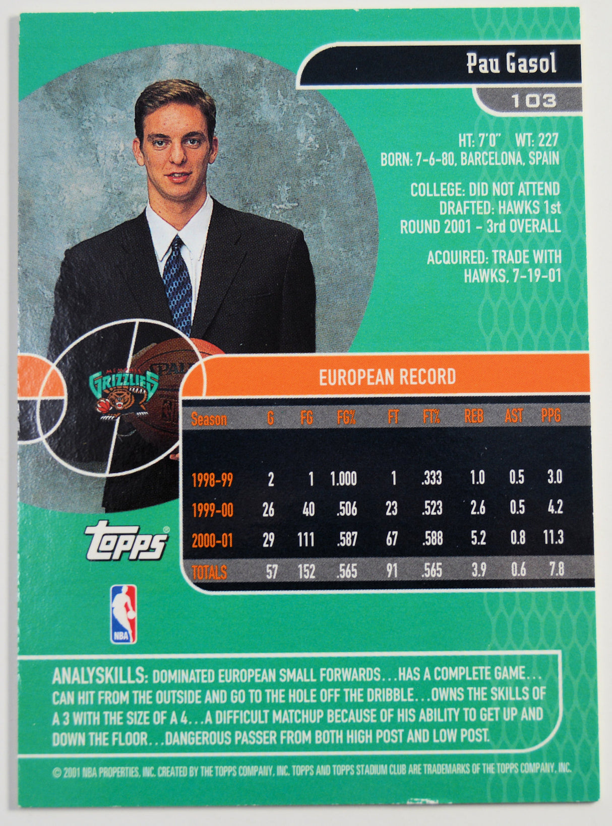 Gasol, Pau - 2001-02 Stadium Club RC