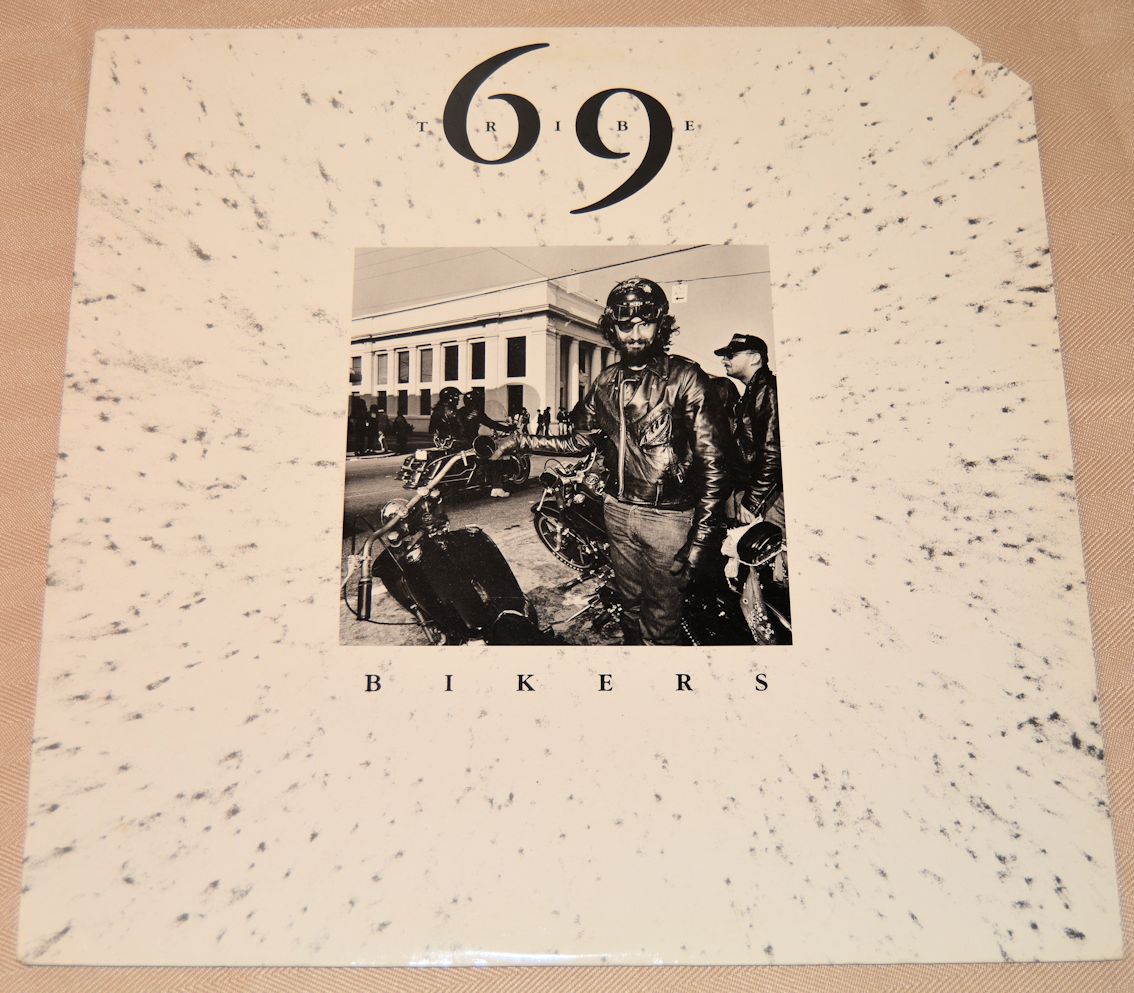 Vinyl record cover for 69 Tribe - Bikers with a black and white photo of bikers on motorcycles.