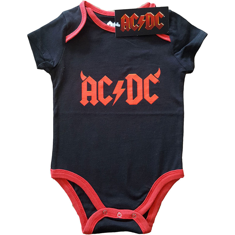 Black baby onesie with 'AC/DC' logo in red and white on the front.