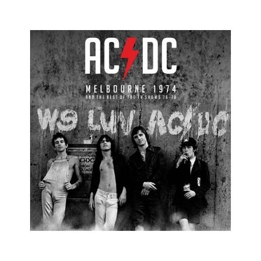 Vinyl record cover for AC/DC album titled 'Melbourne 1974' featuring black and white photo of the band members.