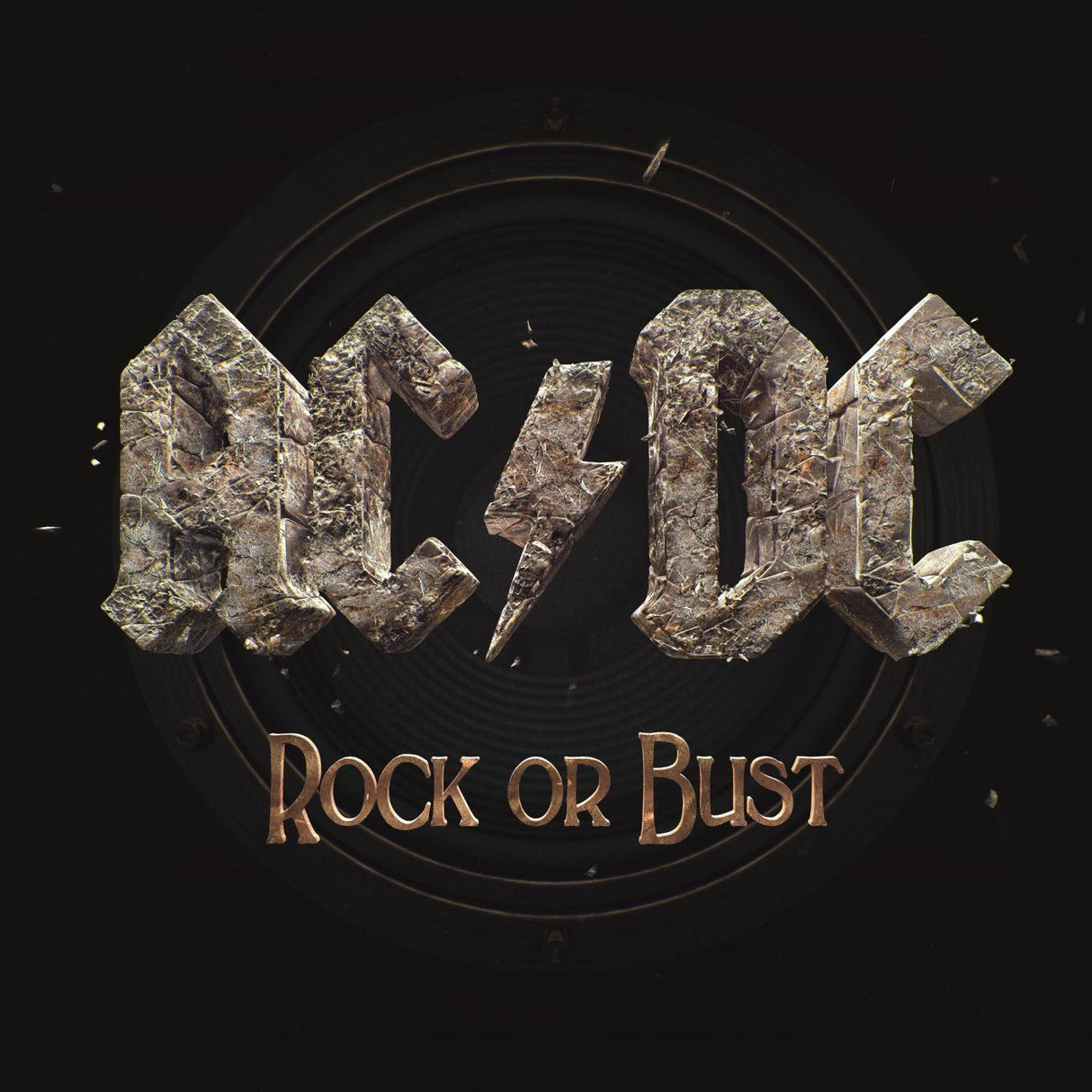 AC/DC - Rock Or Bust album cover art featuring the band's logo with a backdrop of a vinyl record.