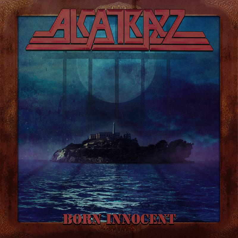 Album cover for Alcatraz featuring a black and blue illustration of Alcatraz Island with a moon and clouds in the background, with the title 'Born Innocent' text below.