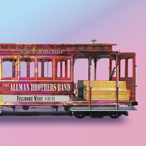 Red trolley car with 'The Allman Brothers Band' branding on a pink and purple gradient background