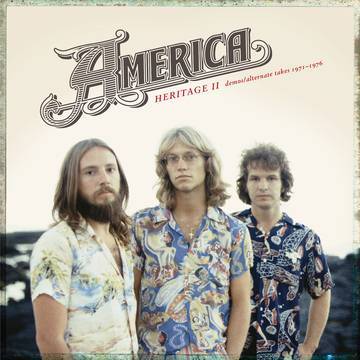 A vinyl record titled 'America - Heritage II Demos' featuring images of the band members in a tropical setting. The band members are wearing floral shirts.