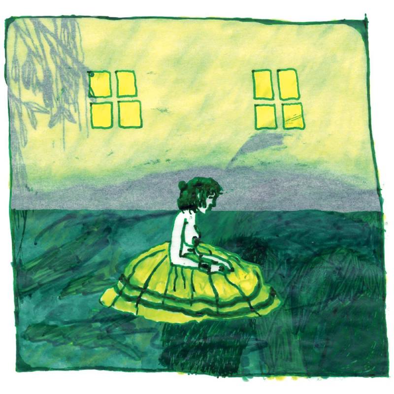 Illustration of a person sitting on a large rock or platform with a body of water and two window-like shapes in the background.