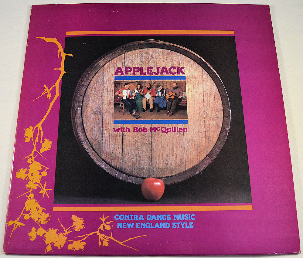 Vinyl record cover for Applejack featuring an image of a group of people playing musical instruments in front of a barrel, with the title 'Contra Dance Music New England Style' and the band name 'Applejack'.