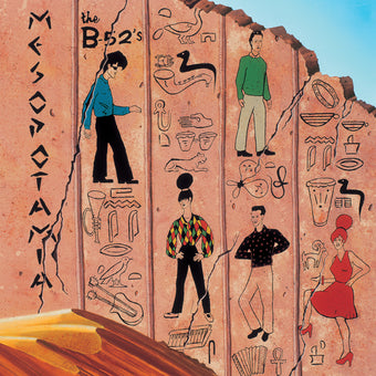 Album cover art for B-52's - Mesopotamia featuring illustrations of band members and a cityscape.