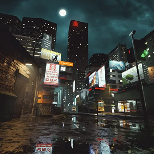 Album cover featuring a cityscape at night with illuminated billboards and a full moon, reflecting the mood of the music.