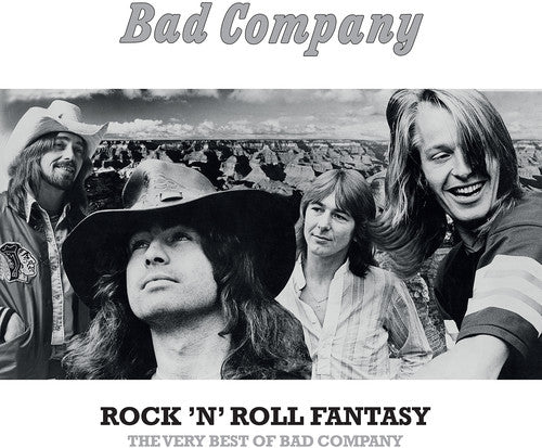 Black and white album cover of Bad Company with band members and text 'Rock 'N' Roll Fantasy'.