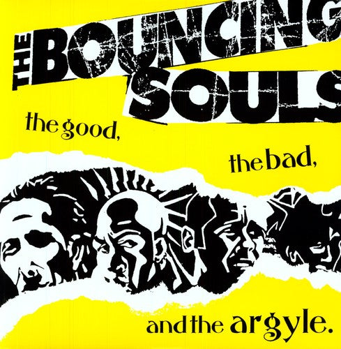Album cover for Bouncing Souls - Good, Bad & Argyle featuring a yellow background with black and white illustrations of band members' heads and text.