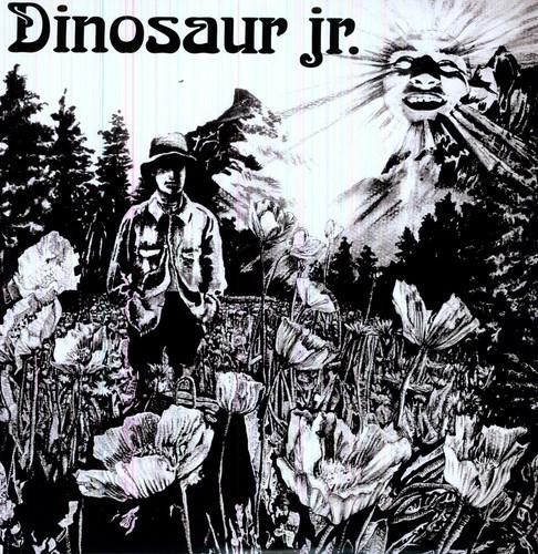 Album cover art for Dinosaur Jr - Dinosaur record featuring a black and white illustration of a person standing in a field with a sun and mountains in the background.