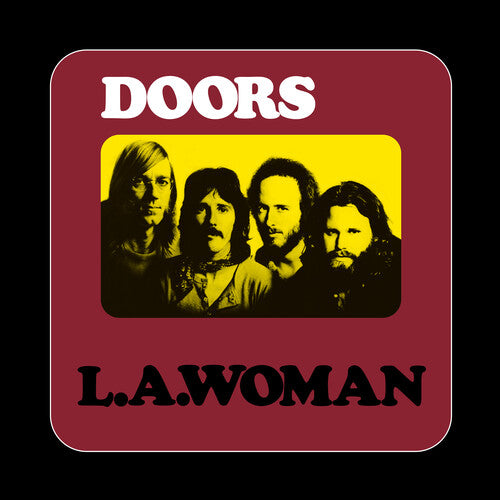 A vinyl record cover for the album 'L.A. Woman' by The Doors featuring a yellow and black photograph of the band members.