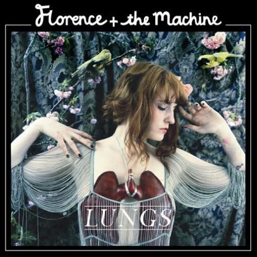 'Lungs' by Florence & The Machine record cover showing her with external lungs against a curtain with flowers.