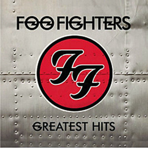 Album cover for Foo Fighters' 'Greatest Hits' with logo on metallic background