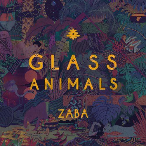 Album cover art for Glass Animals - Zaba featuring a colorful and intricate illustration of various animals and plants with the band's name and album title prominently displayed.