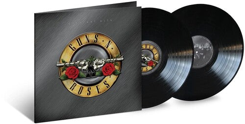 A vinyl record of Guns N Roses Greatest Hits with the band's logo on the cover.