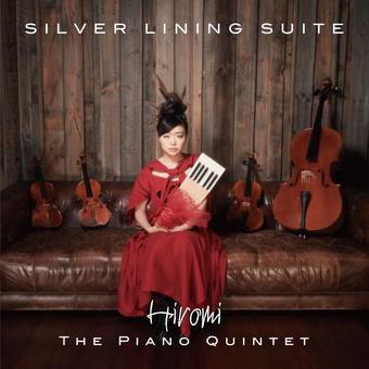 Cover of the album 'Silver Lining Suite' by Hiromi, featuring an image of a person sitting with a piano in the background, surrounded by several parked violins.