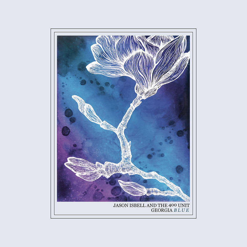Album cover with floral design and text on a blue and purple gradient background
