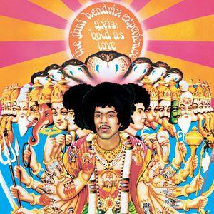 The cover art for the album 'Axis: Bold As Love' by Jimi Hendrix features a colorful and intricate design with images of Hendrix and various characters in a vibrant visual style.