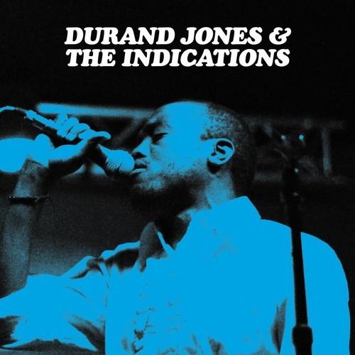 Vinyl record cover featuring a black and white image of a person singing into a microphone with a blue text overlay reading 'Durand Jones & The Indications'.